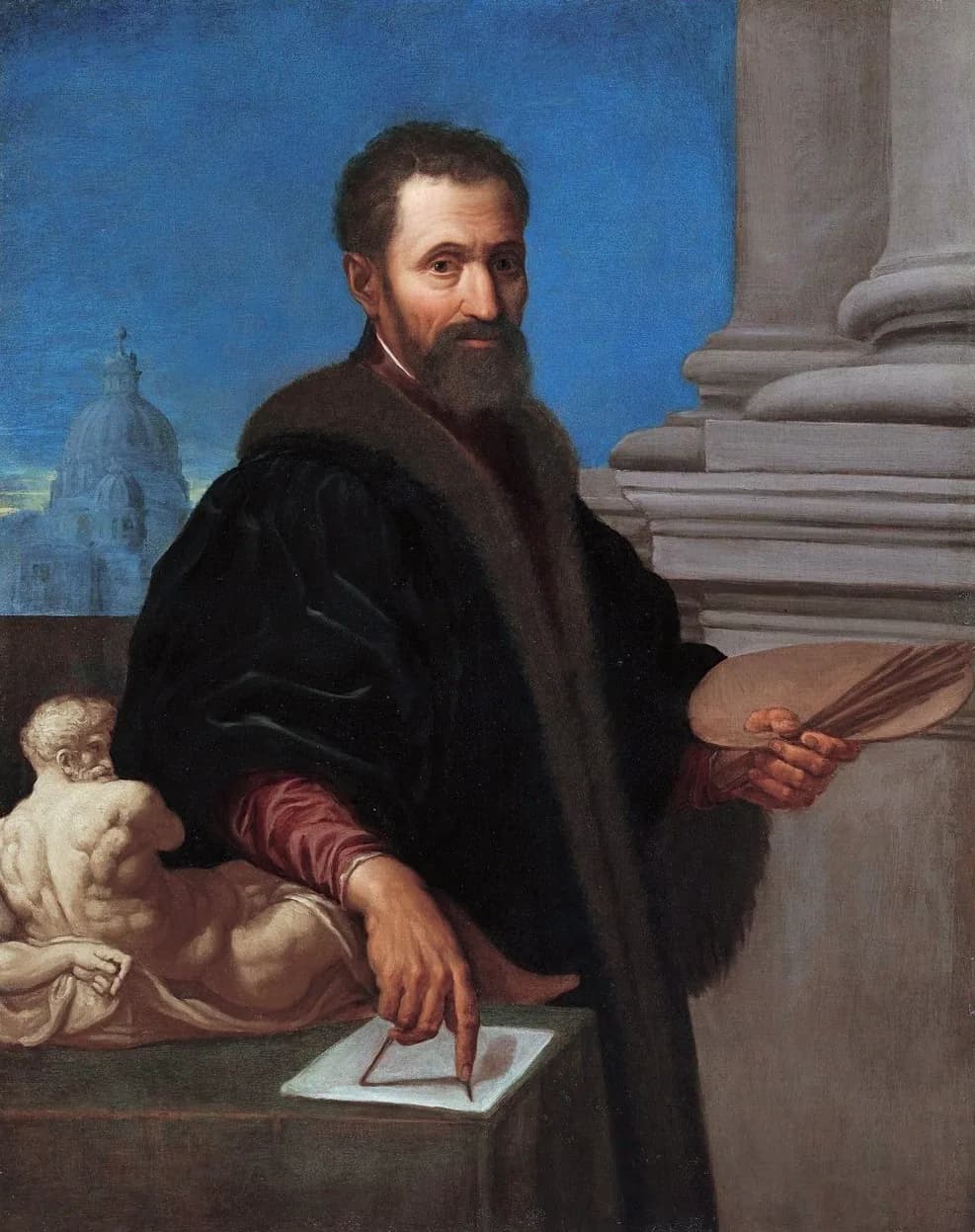 Portrait of Michelangelo Buonarroti holding a palette, beside a small sculpture and the dome of St Peter’s
